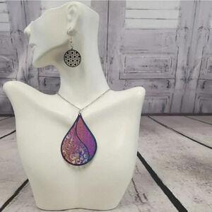 Metallic Rainbow Geometric Teardrop Necklace With Round Geometric Earrings